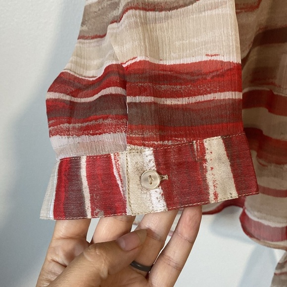 Chico's Red Gray Striped Blouse 3/4 sleeve semi sheer button front shirt 3 or XL - Picture 4 of 10
